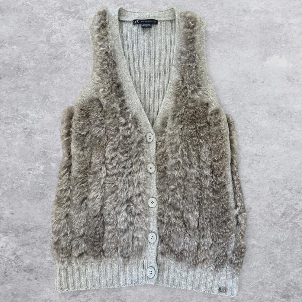 Armani‎ Exchange Grey Ribbed Knit Vest Real Rabbit Fur Button Front Small